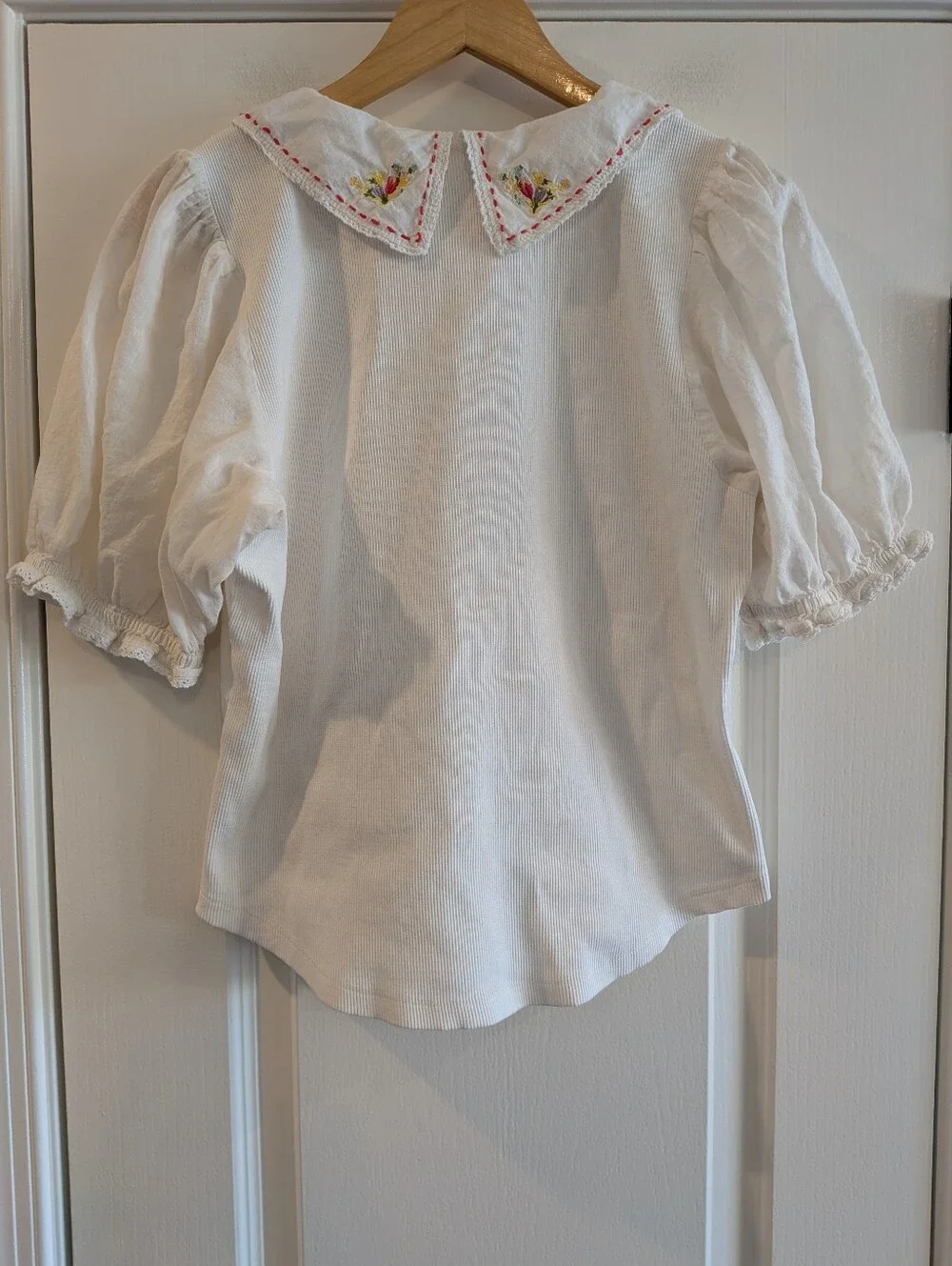Anthropologie Short Puff Sleeve Collared Floral Embroidered Top White Size XLP